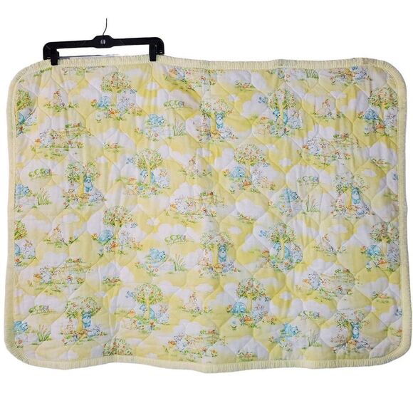 Vintage Baby Quilt Bears Bunny Rabbits Cats Yellow Blue Green 35" X 47"